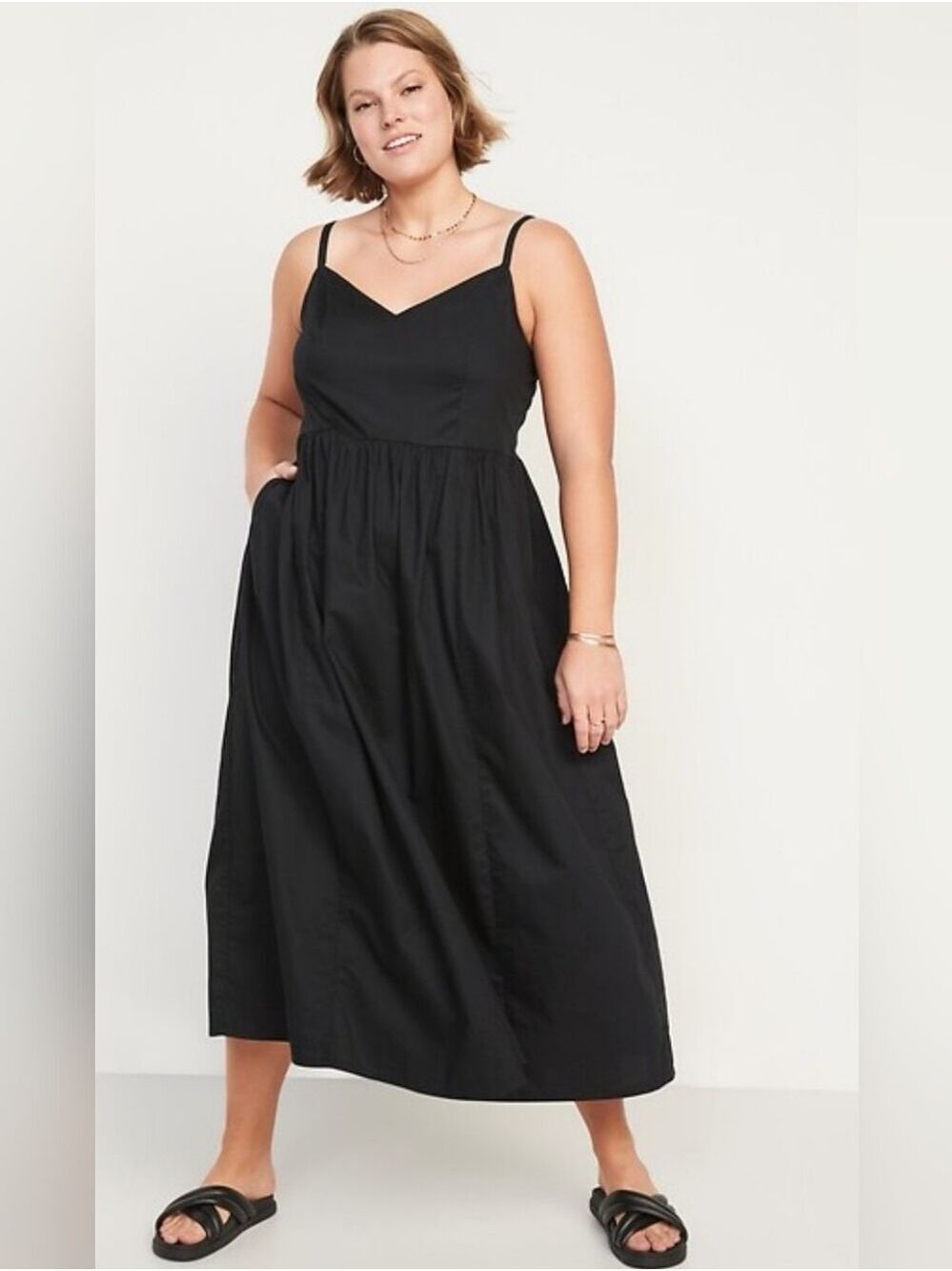 Old Navy Cotton Poplin Cami Black Spaghetti-Strap Maxi Dress/ Pockets. L